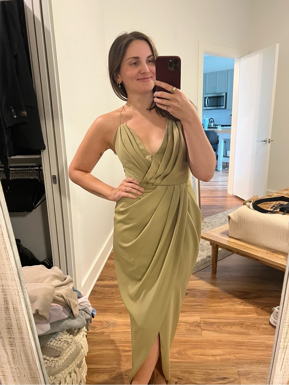 Draped Olive Midi Dress with V-Neck